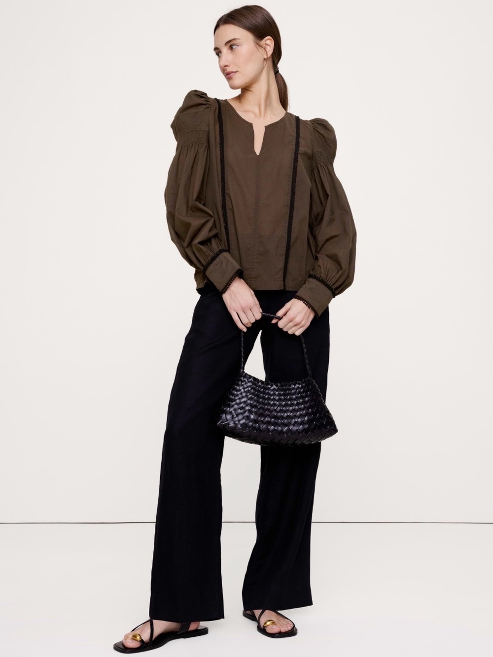 Banana Republic Olive Brown Puff-Sleeve Blouse
